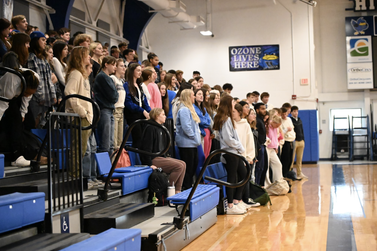 The senior class does the bluebird rumble cheer at the pep rally.